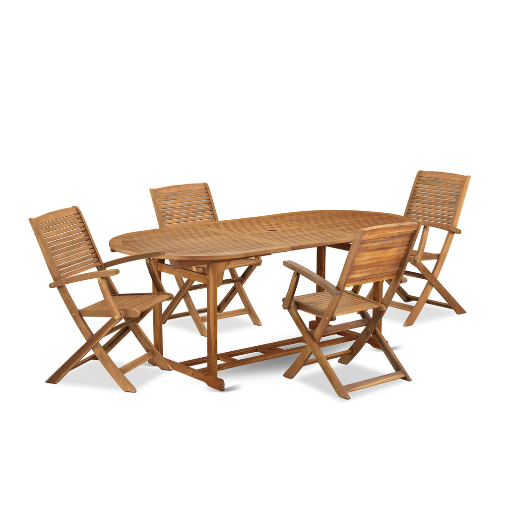 BSHD5ZZCW 5-Piece Outdoor Dining Ensemble with Oval Wood Table and Folding Chairs