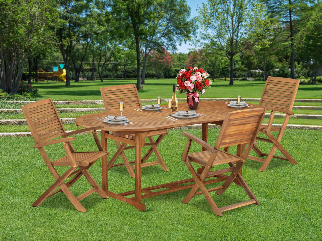 BSHD5ZZCW 5-Piece Outdoor Dining Ensemble with Oval Wood Table and Folding Chairs