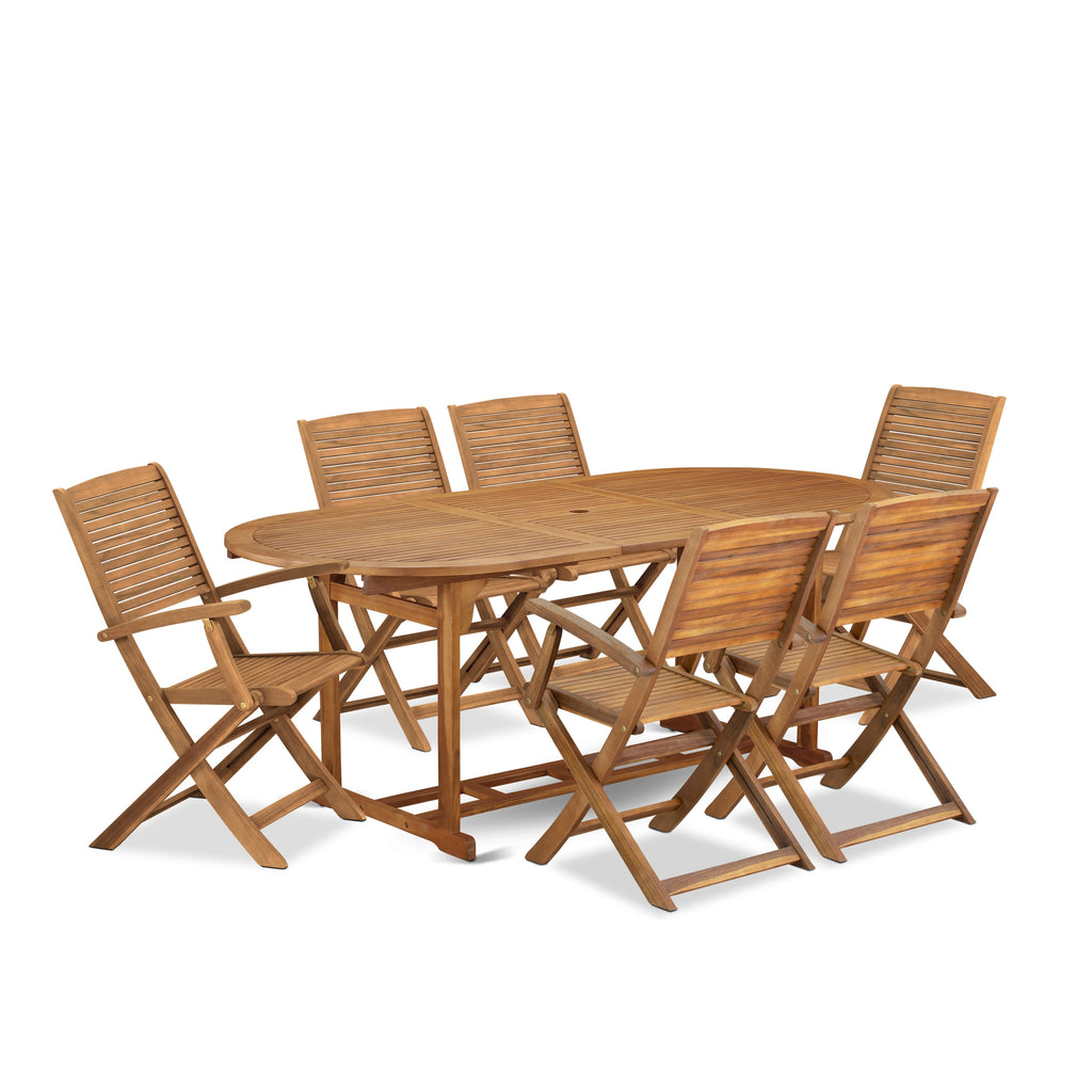 BSHD7QNZ7 Set 7-Piece Natural Finish Outdoor Dining with Acacia Wood Table & Folding Chairs