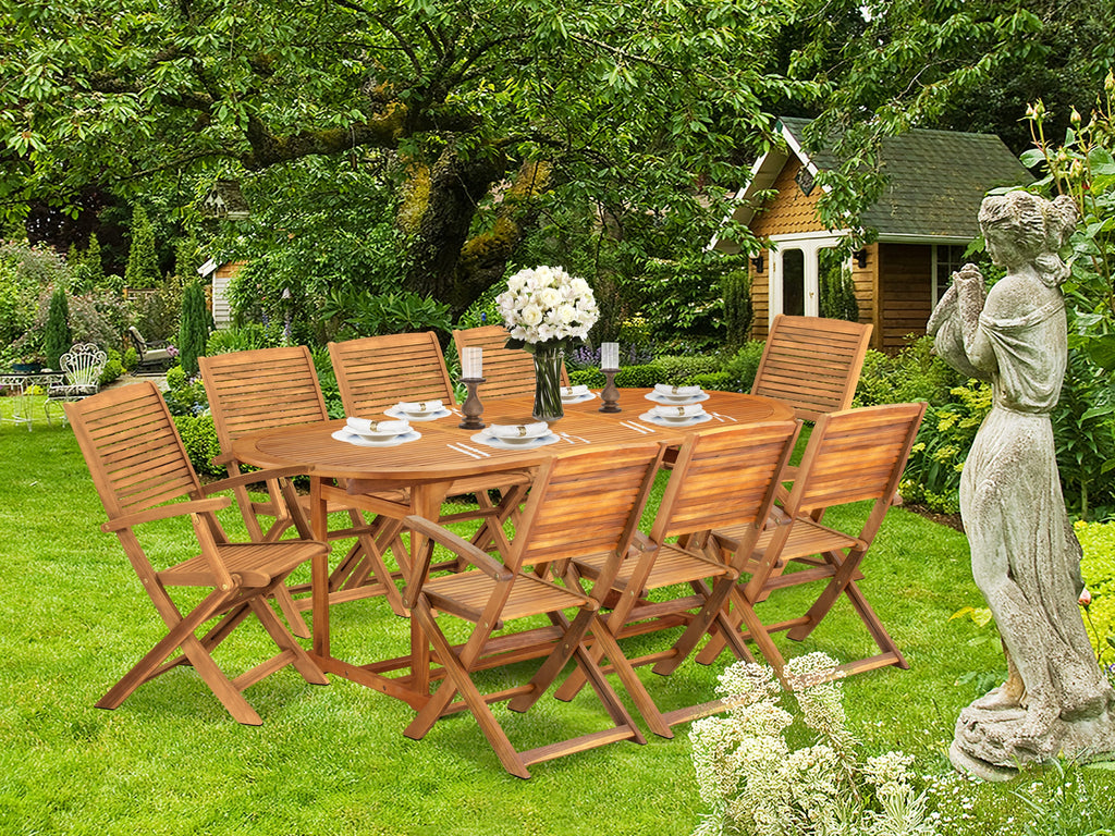 BSHD9PZV4 9-Pc Outdoor Set with Oval Acacia Table & Foldable Chairs, 36x78, Natural Finish