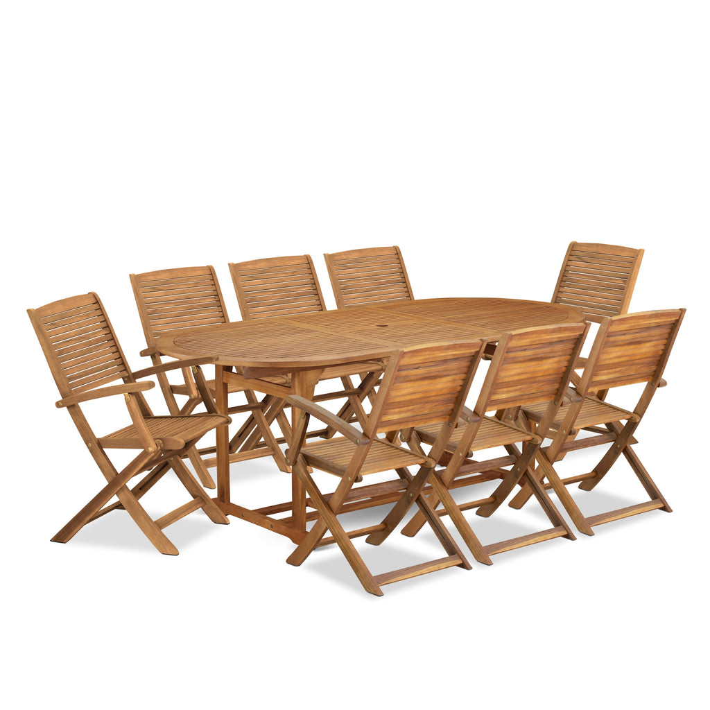 BSHD9PZV4 9-Pc Outdoor Set with Oval Acacia Table & Foldable Chairs, 36x78, Natural Finish