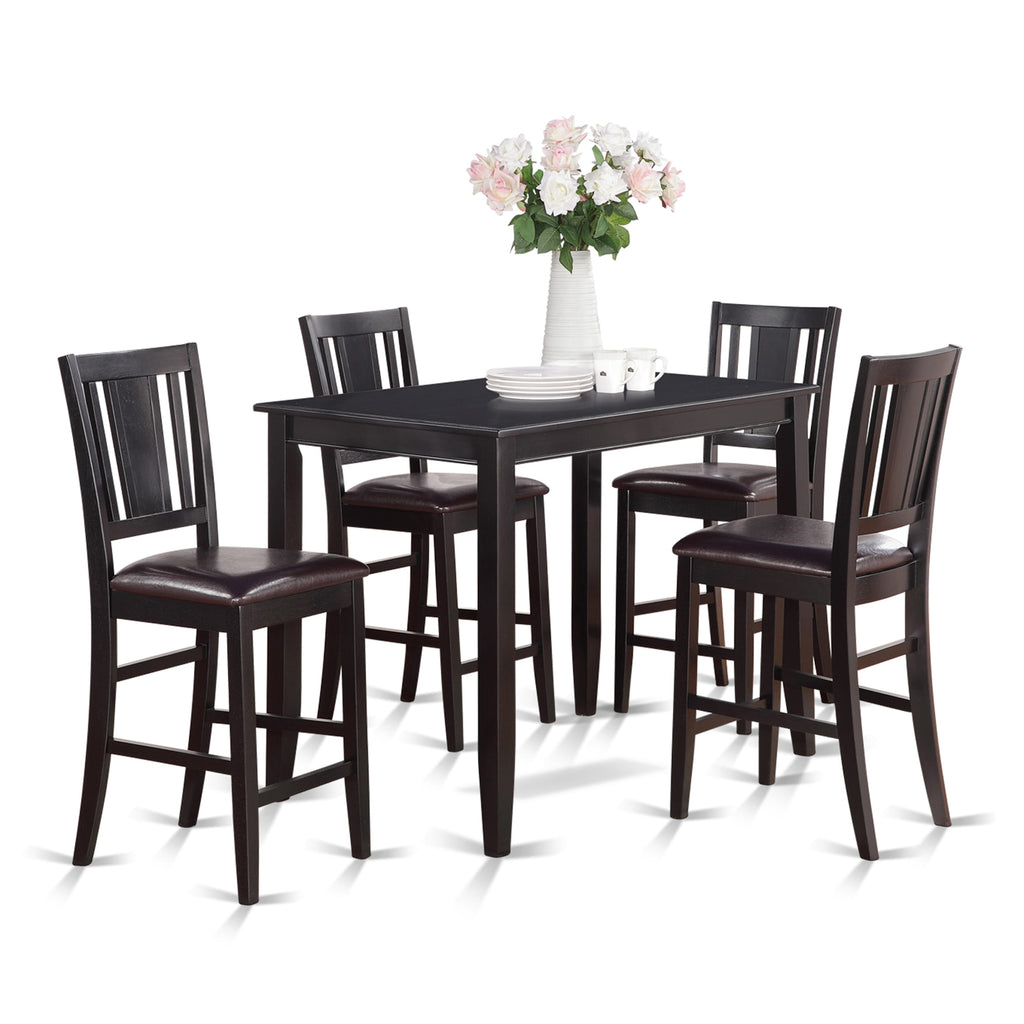 BUCK5-DAR-L1 5-Piece Counter Dining Set with Rectangle Table & 4 Leather Style Chairs, 30x48, Dark Tone