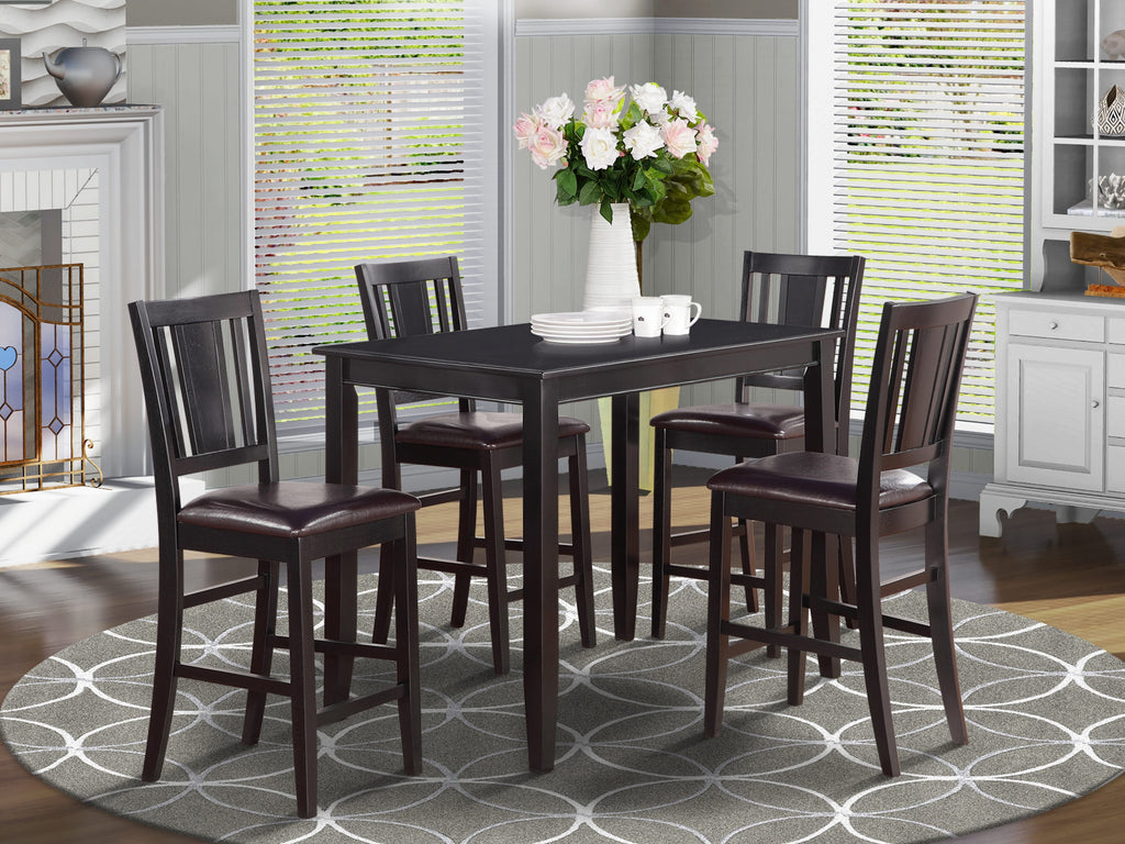 BUCK5-DAR-L1 5-Piece Counter Dining Set with Rectangle Table & 4 Leather Style Chairs, 30x48, Dark Tone