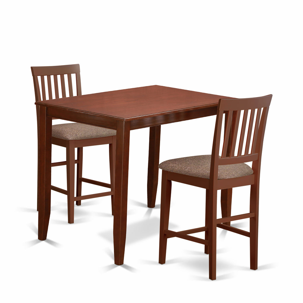 BUVN3-F31-Y 3 Piece Counter Height Set with Rectangle Pub Table & 2 Upholstered Chairs, 30x48 Mahogany Finish