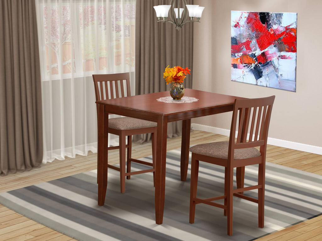 BUVN3-F31-Y 3 Piece Counter Height Set with Rectangle Pub Table & 2 Upholstered Chairs, 30x48 Mahogany Finish