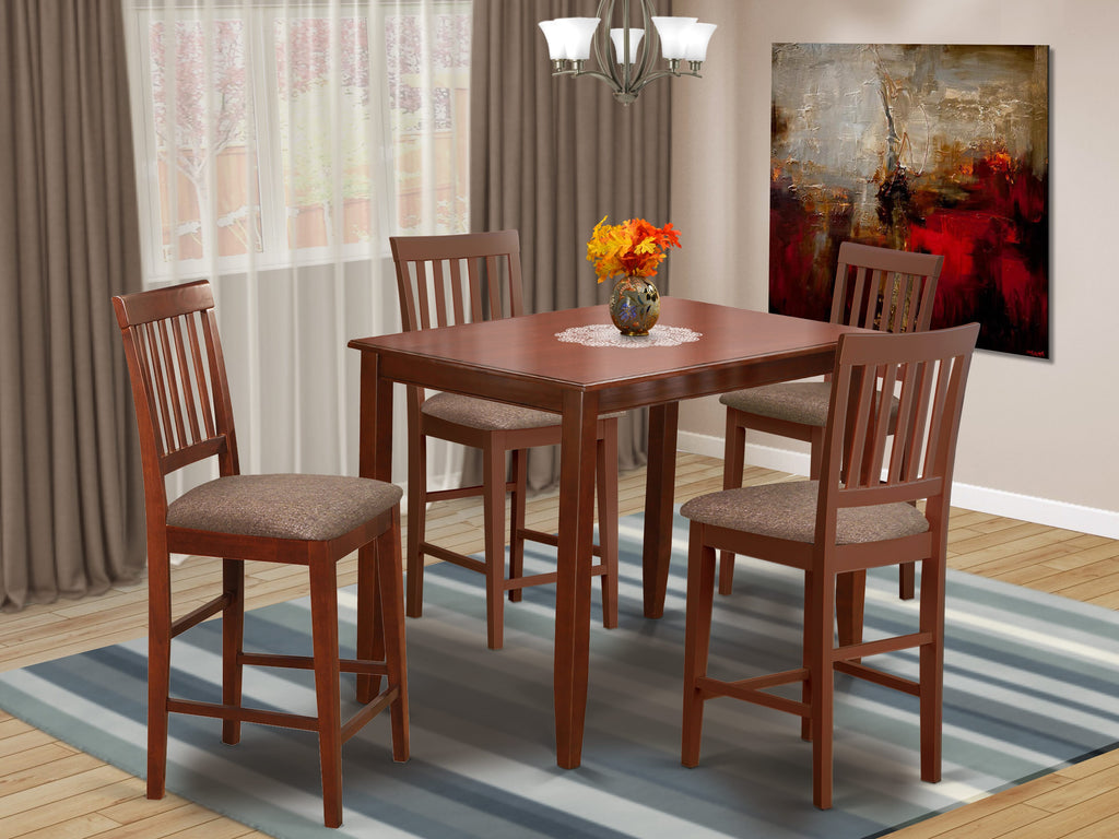BUVN5-WCF-A 5-Piece Pub Set with High Table and 4 Upholstered Chairs, 30x48 Inch, Rich Wood Finish