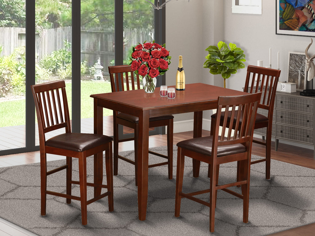 BUVN5-G5Q-PG Elegant 5-Piece High Top Dining Ensemble - Includes Rectangular Table and 4 Faux Leather Seats, Mahogany Finish