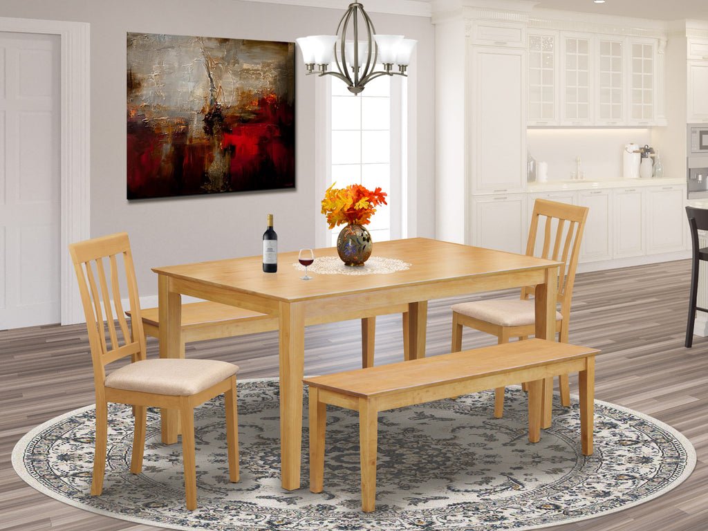 CAAN57-ROB-X 5 Pc Contemporary Dining Ensemble W/ Rectangular Table, 2 Padded Chairs & 2 Benches, 36x60, Rustic Oak