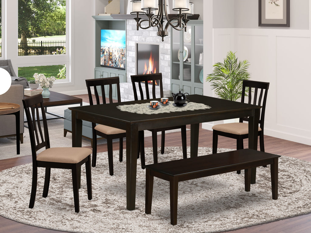 CAAN6-XDR-1 - 6 Piece Dining Ensemble Rectangular Table, Linen Chairs, & Bench, 36x60, Cappuccino