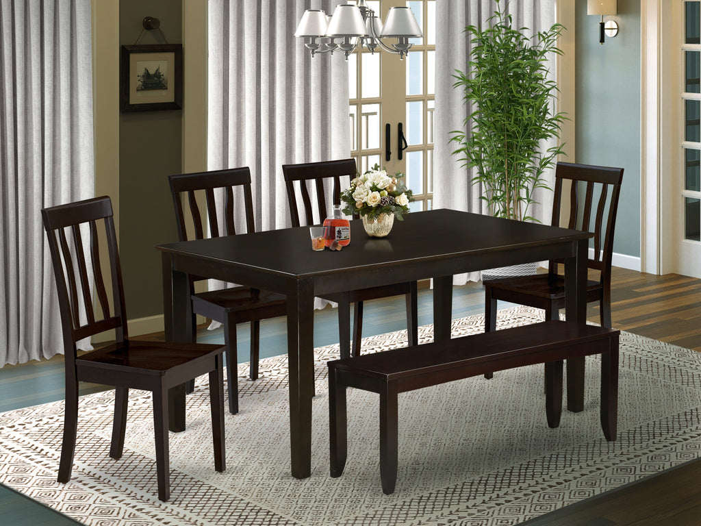 CAAN6-JB1-D 6-Pc Dining Ensemble Rectangular Table, 4 Chairs & Bench in Rich Cappuccino