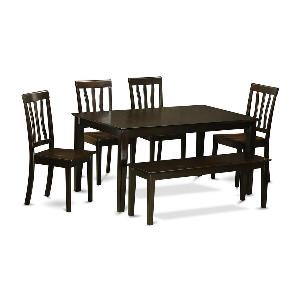 CAAN6-JB1-D 6-Pc Dining Ensemble Rectangular Table, 4 Chairs & Bench in Rich Cappuccino