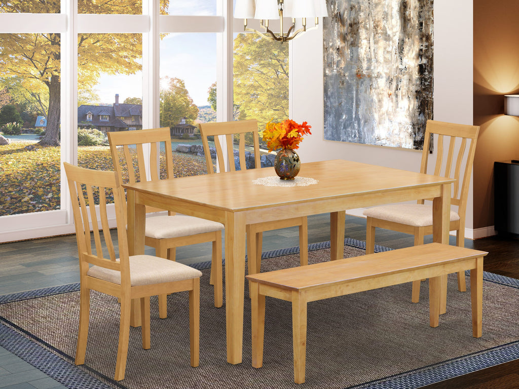 CAAN6-YTO-Q Oak Rectangular Dining Ensemble Table, Chairs, and Bench for Cozy Kitchen Spaces