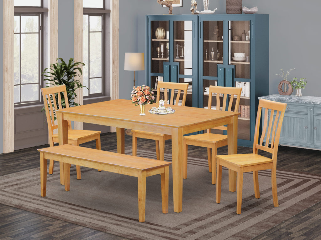 CAAN6-JNR-C Chic Dining Ensemble Elegant Rectangle Table with 4 Chairs & Bench, Oak Finish, 36x60 In.