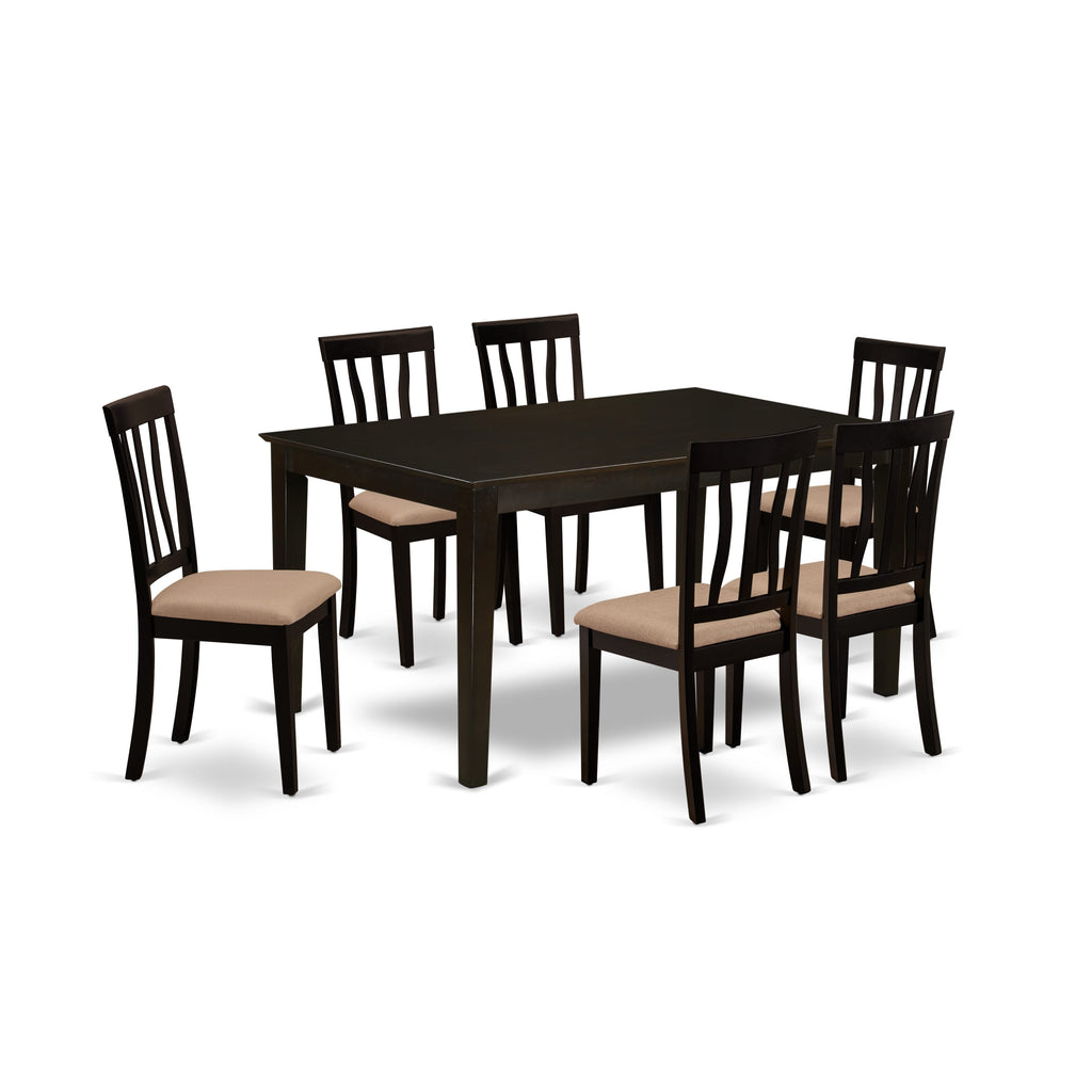 CAAN7-9A1-Z 7 Piece Dining Room Ensemble with Rectangular Table & 6 Linen Upholstered Chairs, 36x60 Cappuccino Finish