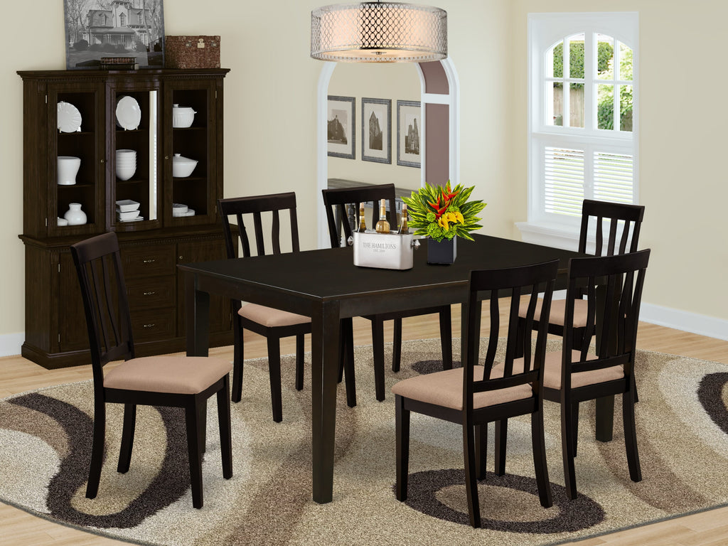 CAAN7-9A1-Z 7 Piece Dining Room Ensemble with Rectangular Table & 6 Linen Upholstered Chairs, 36x60 Cappuccino Finish