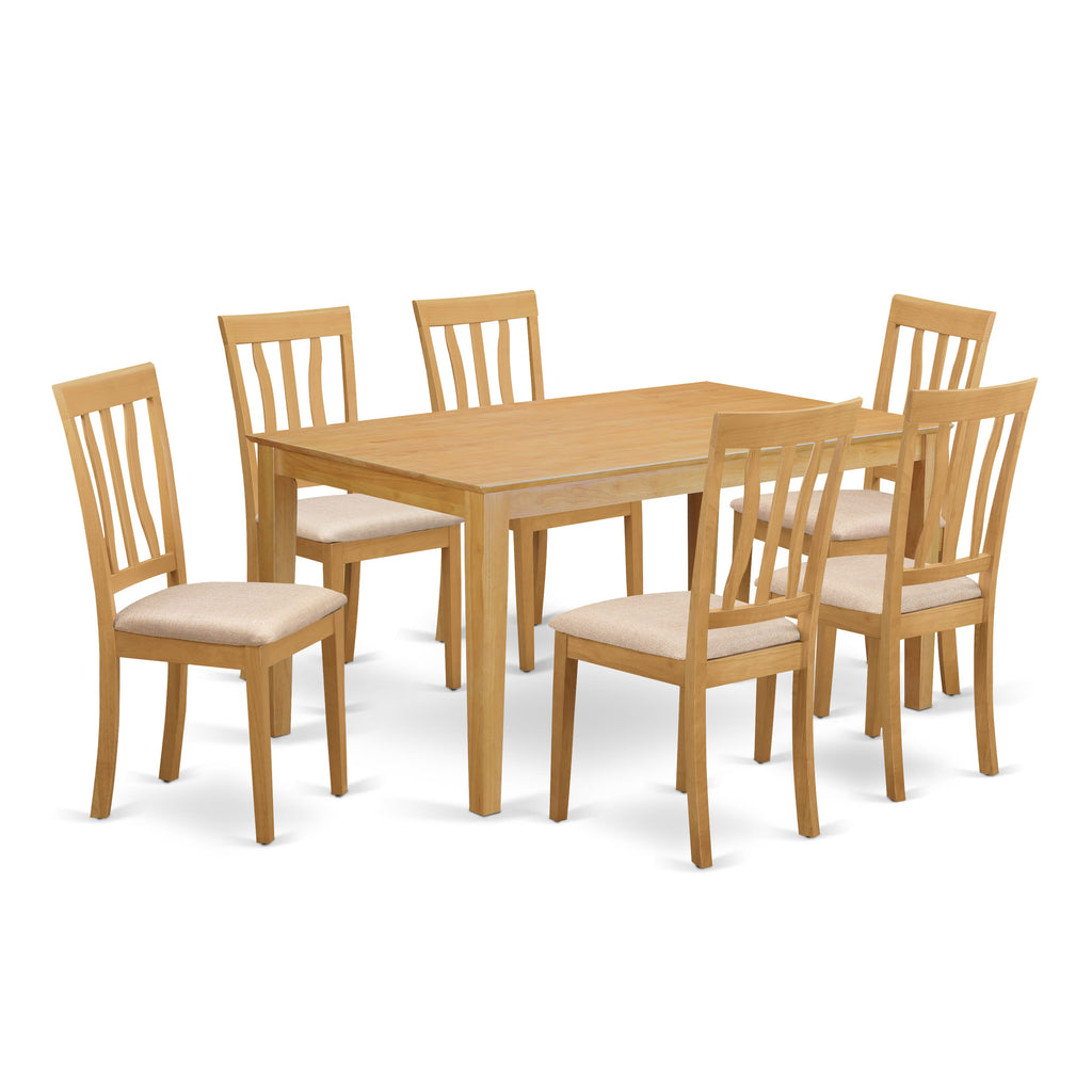 CAAN7-03B-X Elegant 7-Piece Dining Ensemble with a Graceful Table and Comfy Upholstered Chairs, Oak Finish