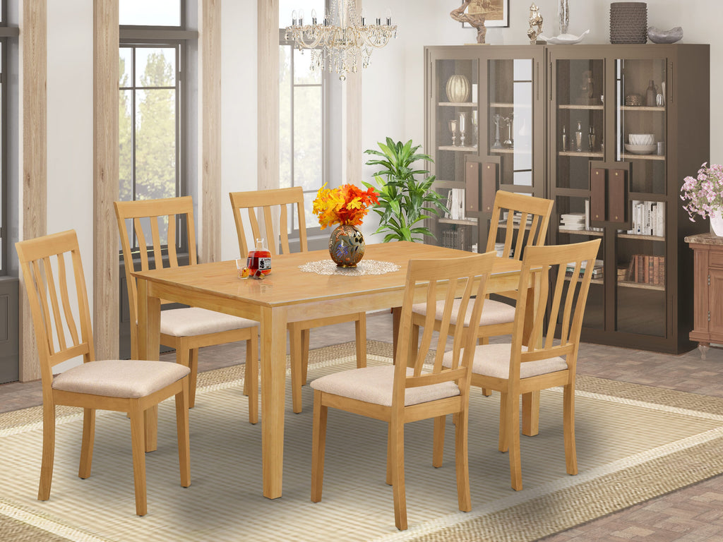 CAAN7-03B-X Elegant 7-Piece Dining Ensemble with a Graceful Table and Comfy Upholstered Chairs, Oak Finish
