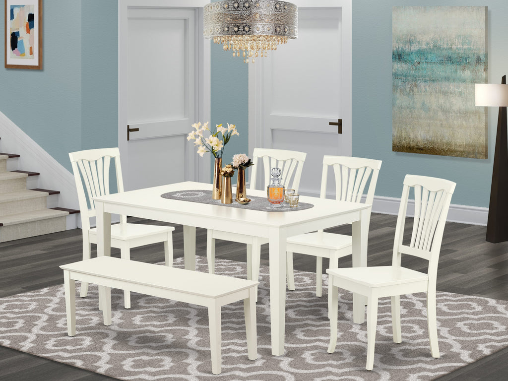 CAAV6-790-0 Six-Piece Dining Ensemble with Rectangular Table, Four Chairs, Bench, 36x60 White Finish