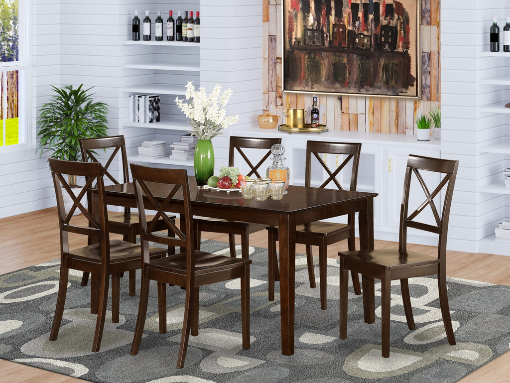 CAB7S-2PE-Q 7-Piece Dining Set with Rectangle Table and 6 Chairs, 36x60 Inch, Cappuccino Finish