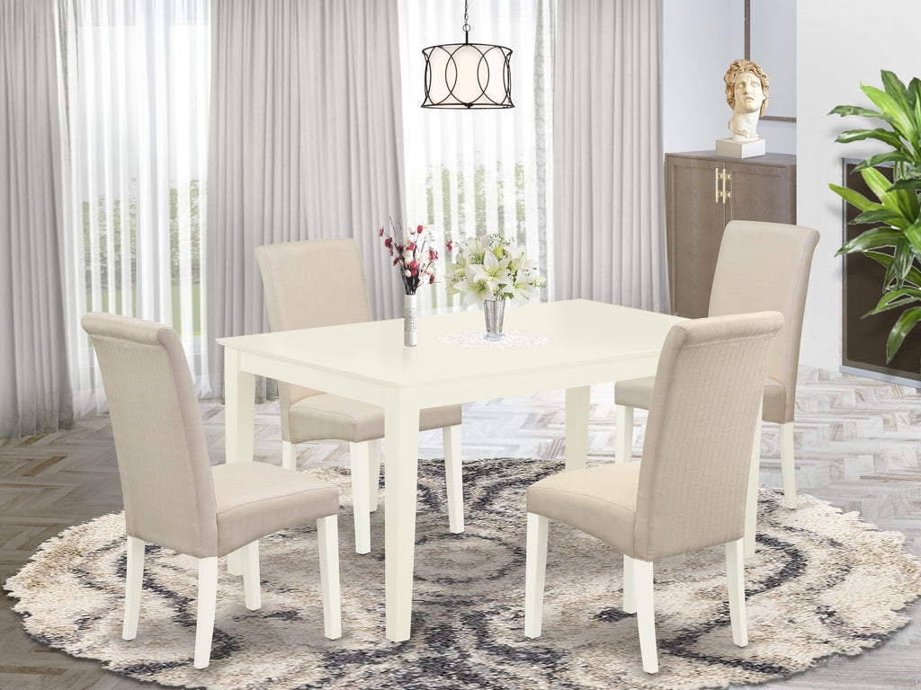 CABA5-XYV-UY 5-Piece Dining Ensemble Rectangular Dining Table & Cream Upholstered Parson Chairs in White, 36x60