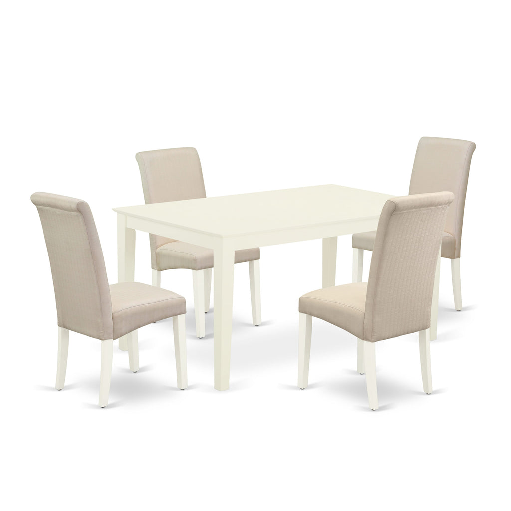 CABA5-XYV-UY 5-Piece Dining Ensemble Rectangular Dining Table & Cream Upholstered Parson Chairs in White, 36x60