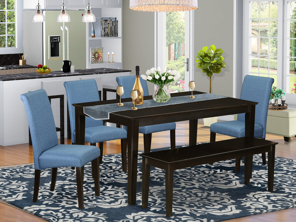 CABA6-421-PU Six-Piece Dining Set Rectangular Table, 4 Blue Linen Chairs & Bench, 36x60, Cappuccino Finish