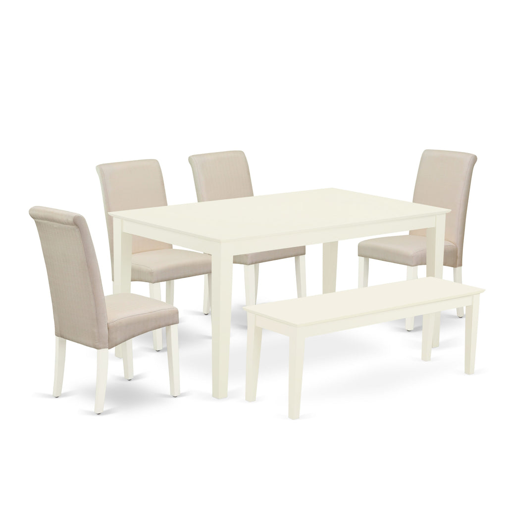CABA6-6QM-TX 6-Piece Dining Ensemble Rectangle Table, 4 Cream Parsons Chairs & Bench - 36x60 in, Linen White