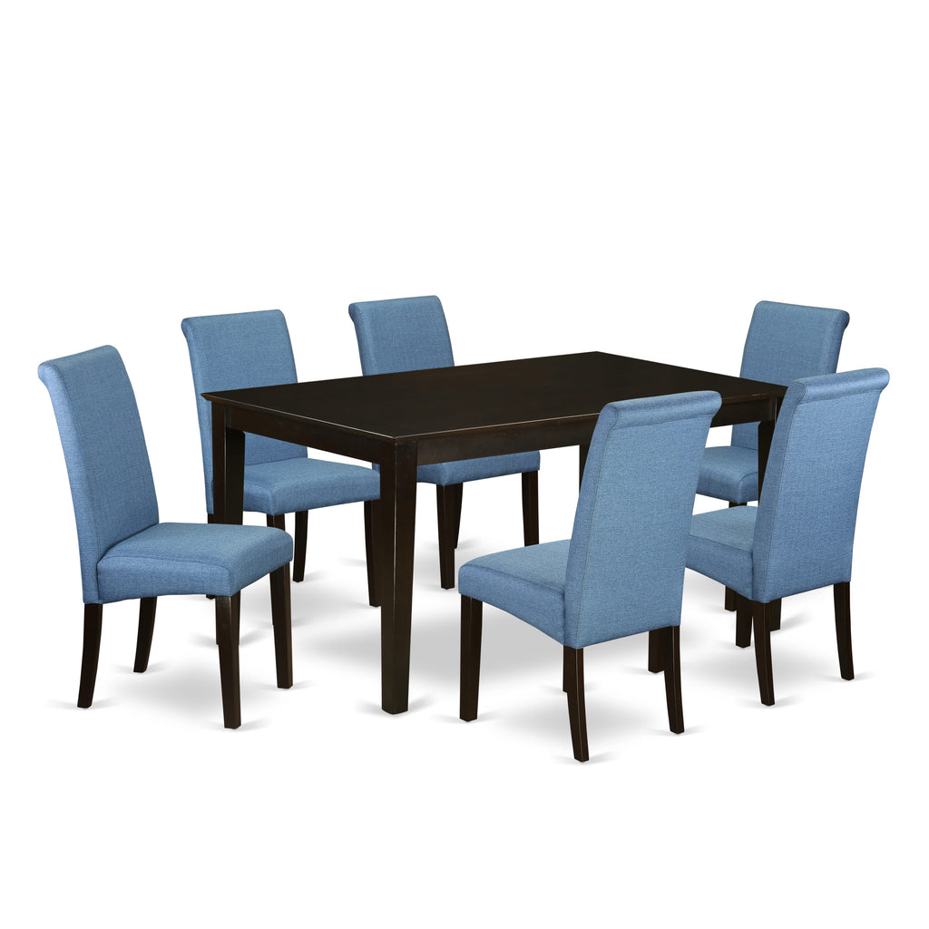 CABA7-XZ5-B2 Set of 7 Modern Dining Pieces with Parson Chairs and Rectangular Table, Blue Linen Style