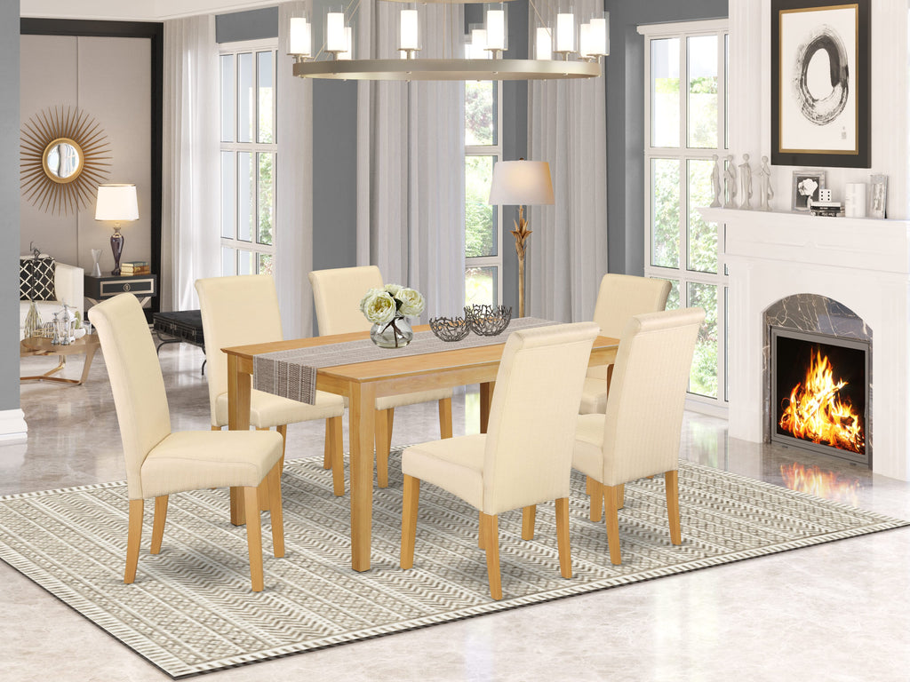 CABA7-ESL-9P 7 Piece Dining Set with Rectangle Table and 6 Beige Fabric Chairs for Elegant Dining and Comfort in Oak Finish