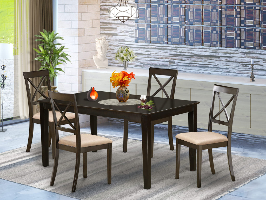 CABO5J-93O-S Delightful 5-Piece Dining Ensemble Rectangular Table with Four Linen Chairs, 36x60 Inch, Rich Cappuccino