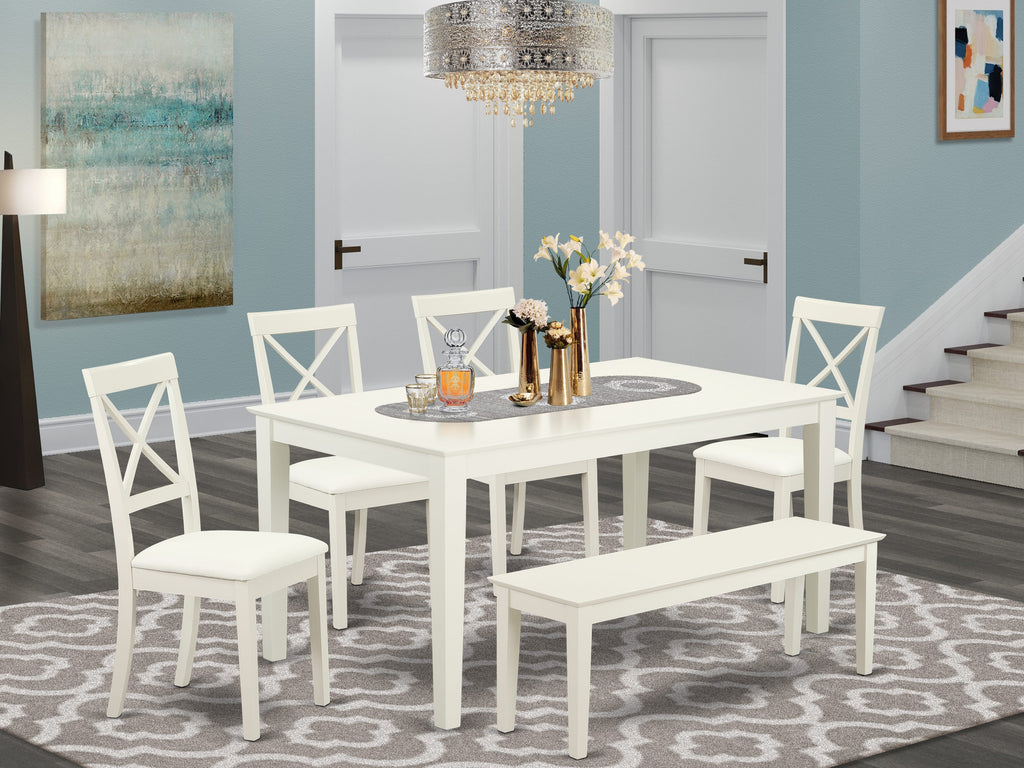 CABO6-XA7-G0 6-Piece Dining Ensemble Rectangular Table, 4 Faux Leather Chairs & Bench, 36x60, Bright White Finish