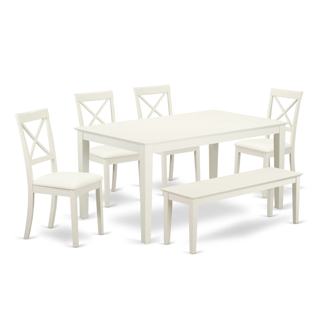 CABO6-XA7-G0 6-Piece Dining Ensemble Rectangular Table, 4 Faux Leather Chairs & Bench, 36x60, Bright White Finish