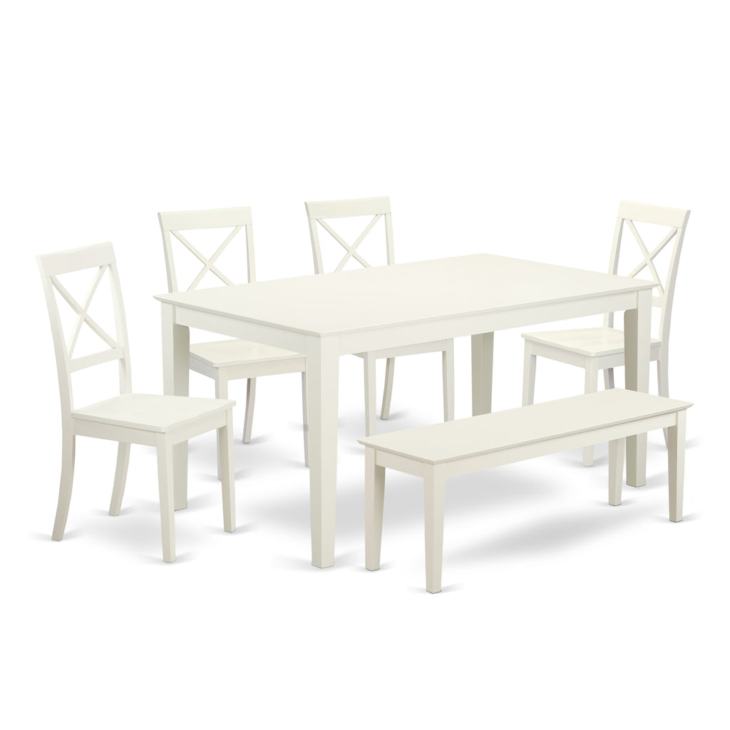 CABO6-JTI-A Elegant 6-Piece Dining Collection with Rectangular Table, 4 Chairs, and Bench in Linen White
