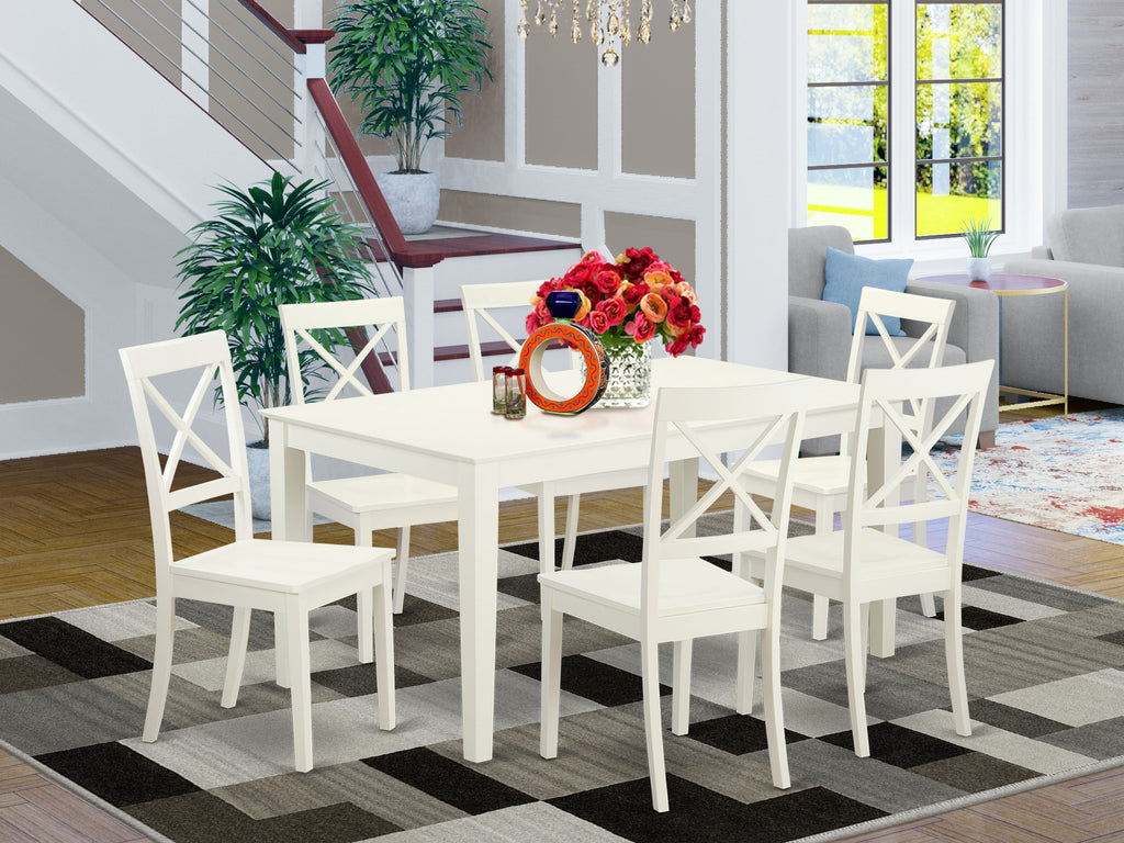 CABO7-5M2-8 Elegant Linen White 7-Piece Dining Ensemble with Rectangle Table & 6 Chairs, 36x60