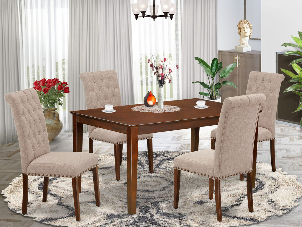 CABR5-42S-VZ 5-Piece Dining Set with Mahogany Table & Light Tan Linen Chairs - Rectangular & Elegant
