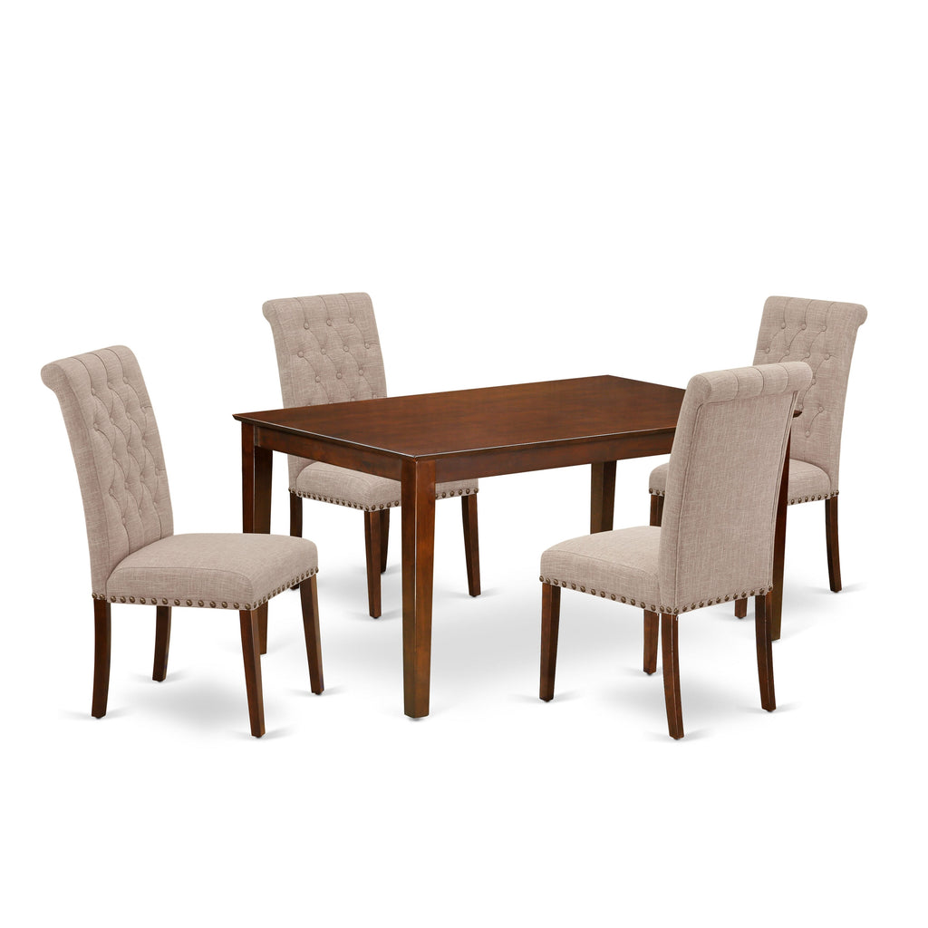 CABR5-42S-VZ 5-Piece Dining Set with Mahogany Table & Light Tan Linen Chairs - Rectangular & Elegant