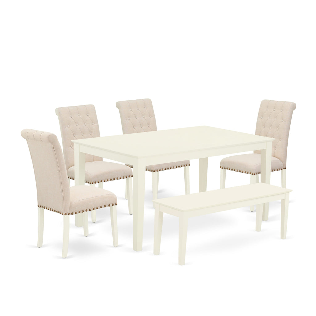 Elegant Linen White Dining Set for Six - CABR6-033-S3, Includes Rectangular Table, Bench and Chairs in Beige Linen