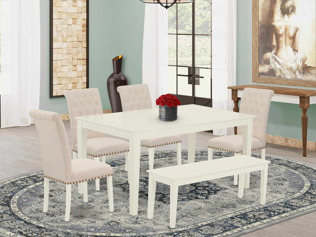 Elegant Linen White Dining Set for Six - CABR6-033-S3, Includes Rectangular Table, Bench and Chairs in Beige Linen