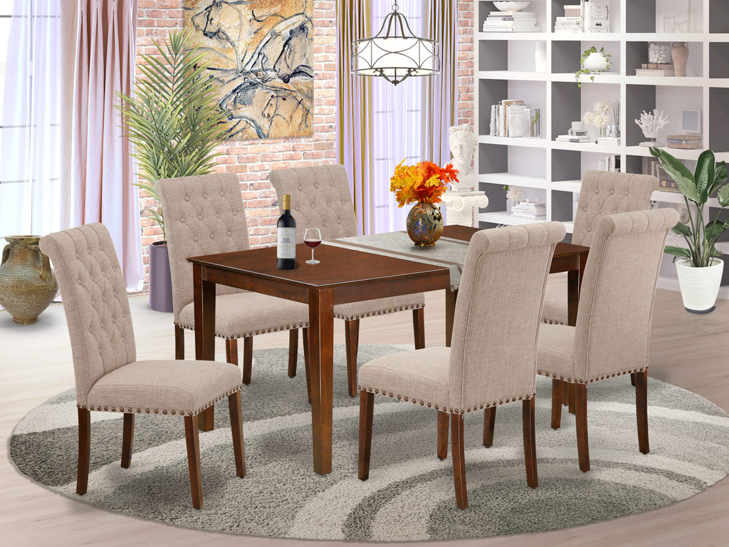 Explore the CABR7-3RI-MR 7 Piece Set Impressive Dining Ensemble with Rectangular Table & 6 Light Tan Chairs, 36x60 In Mahogany Finish