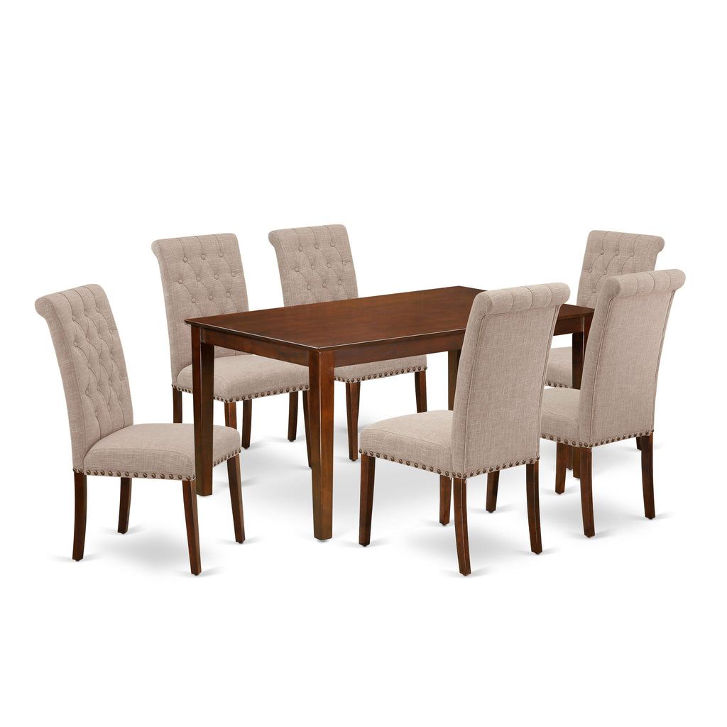 Explore the CABR7-3RI-MR 7 Piece Set Impressive Dining Ensemble with Rectangular Table & 6 Light Tan Chairs, 36x60 In Mahogany Finish