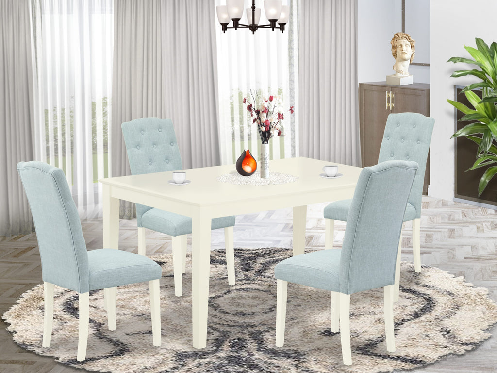 CACE5-3HJ-0V 5 Piece Dining Set Rectangular Table & 4 Upholstered Chairs – Eco-Wash Blue Seats, 36x60
