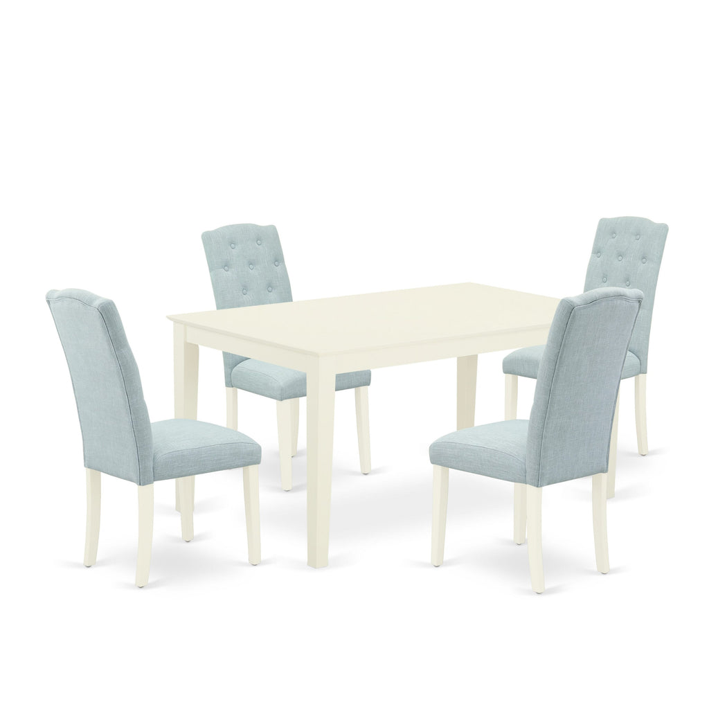 CACE5-3HJ-0V 5 Piece Dining Set Rectangular Table & 4 Upholstered Chairs – Eco-Wash Blue Seats, 36x60