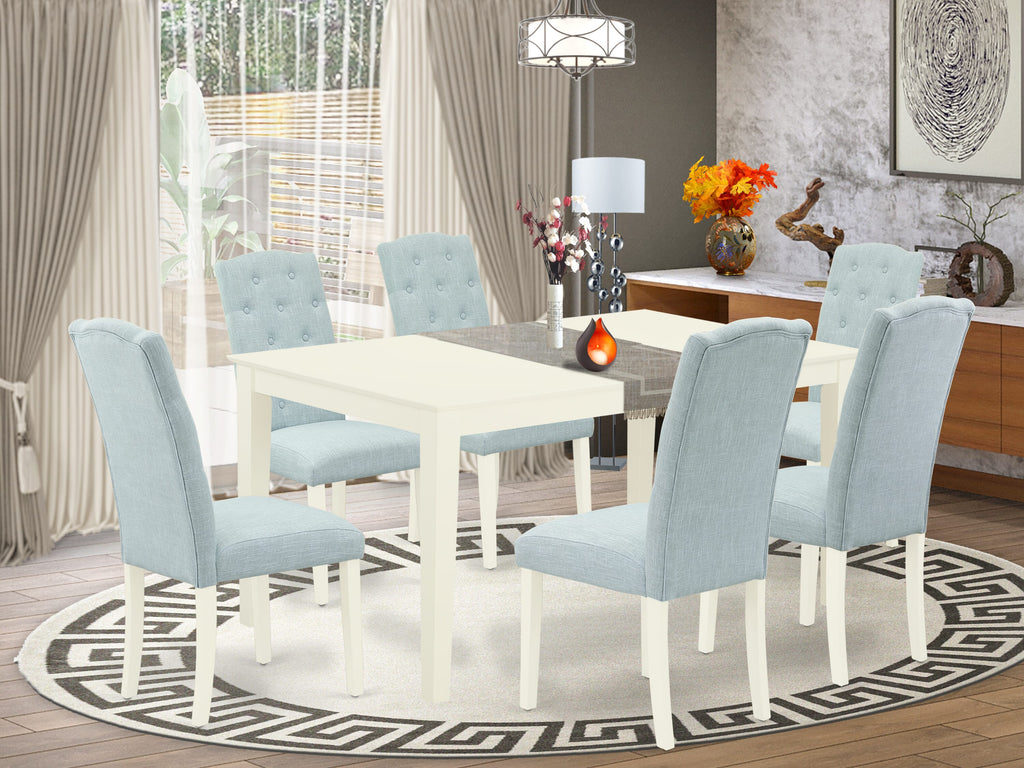 CACE7-1FN-BP Lavish 7-Piece Dining Ensemble Including Rectangular Table and Six Chic Ocean Upholstered Chairs, 36x60 In, Snow White