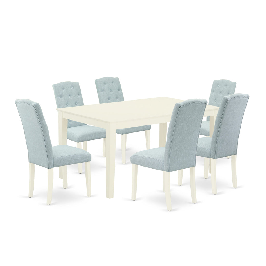 CACE7-1FN-BP Lavish 7-Piece Dining Ensemble Including Rectangular Table and Six Chic Ocean Upholstered Chairs, 36x60 In, Snow White