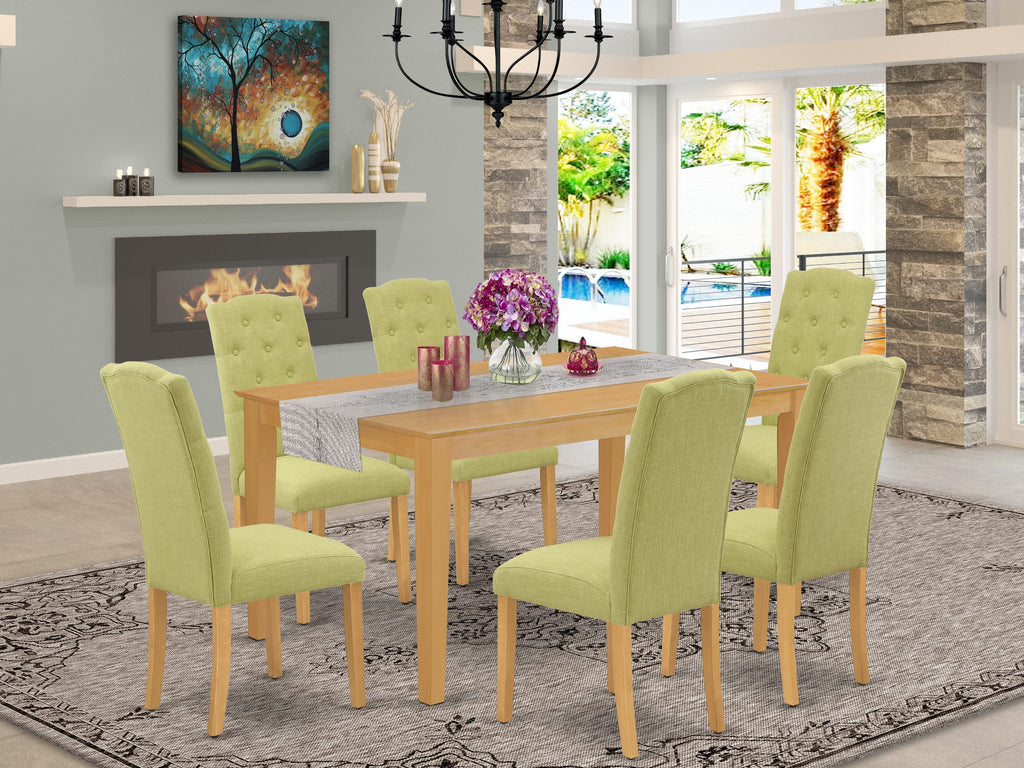 CACE7-RHJ-PS 7-Piece Rectangular Dining Ensemble Table with 6 Vivid Limelight Linen Seats, Oak Finish