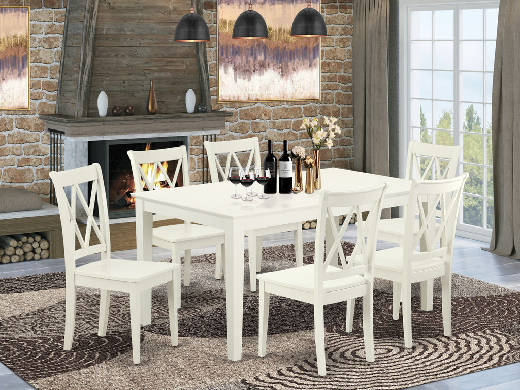 CACL7-98T-K Charming 7-Piece Rectangular Table Set with Linen White Finish and Six Elegant Chairs 36x60 Inches