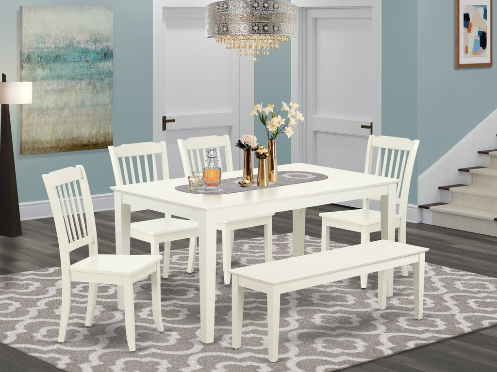 6-Piece Dining Set CADA6-S4B-A with Rectangular Table, White Chairs & Bench, 36x60 Dimensions