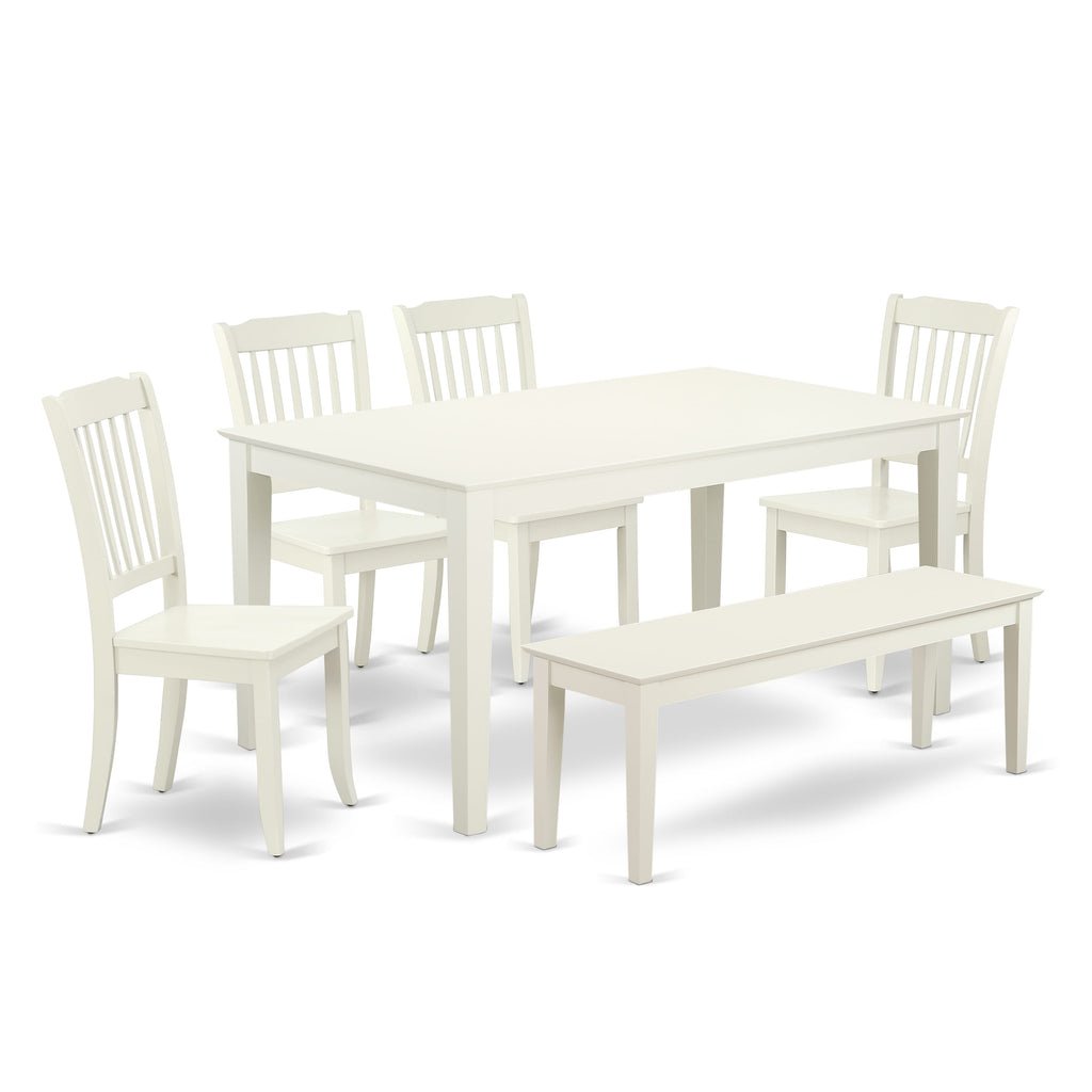 6-Piece Dining Set CADA6-S4B-A with Rectangular Table, White Chairs & Bench, 36x60 Dimensions