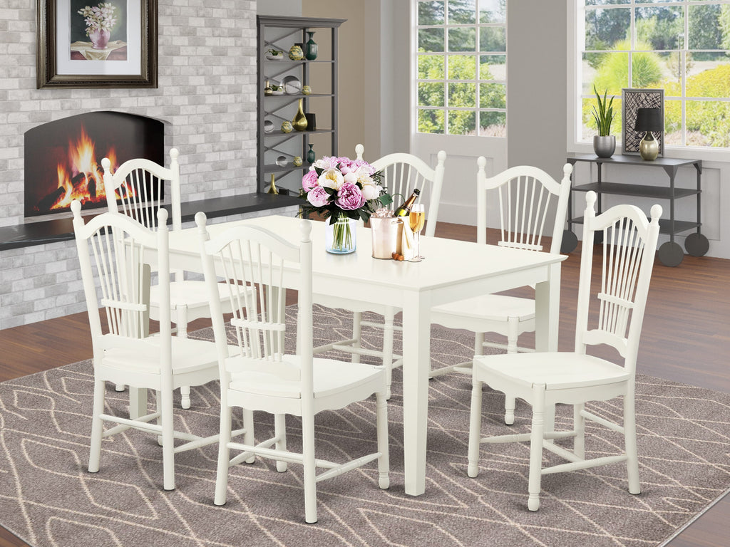 CADO7-ZC3-Q 7-Piece Kitchen Dining Collection Rectangular Table & Six Chairs, Linen White, 36x60