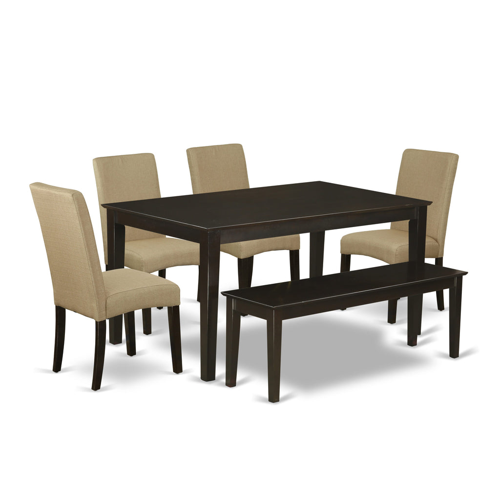 CADR6-7U4-G7 6-Piece Dining Set Rectangle Table, 4 Linen Parson Chairs & Bench in Cappuccino, 36x60